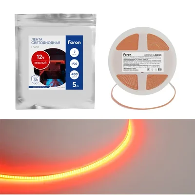 Светодиодная COB лента Feron LS630, 400SMD(2110)/ 7Вт/м 12V 5000*3*1.8мм красный, IP20, 48952