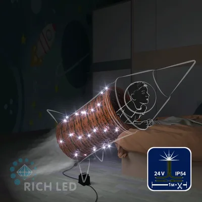 Светодиодная гирлянда Rich LED 100 м в бобине, 500 LED, 24 В, белая, полный флэш, черн/зел провод, резка 5 LED, RL-S100FF-24V-BG/W