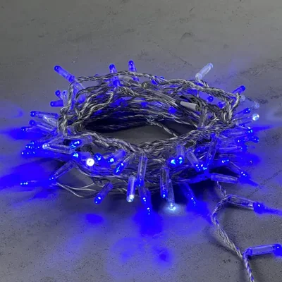 Гирлянда Нить с Колпачком 10м Синяя с Мерцанием Белого Диода 220В, 100 LED, Провод Прозрачный ПВХ, I