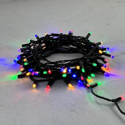 Гирлянда Нить с Колпачком 10м Разноцветная 220В, 100 LED, Провод Черный ПВХ, IP65