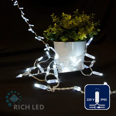 Светодиодная гирлянда Rich LED 7 м, 72 LED, 220 В, не соединяемая, влагозащитный колпачок, белая, прозрачный провод, RL-S7N-72L-220V-CT/W