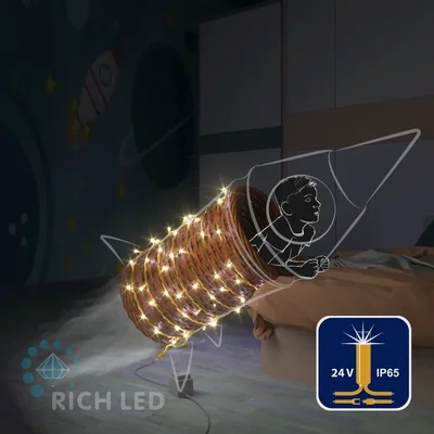 Светодиодная гирлянда Rich LED 10 м, 100 LED, 24В, соединяемая, влагозащитный колпачок, теплая белая, мерцающая, золотой провод, RL-S10CF-24V-CGd/WW