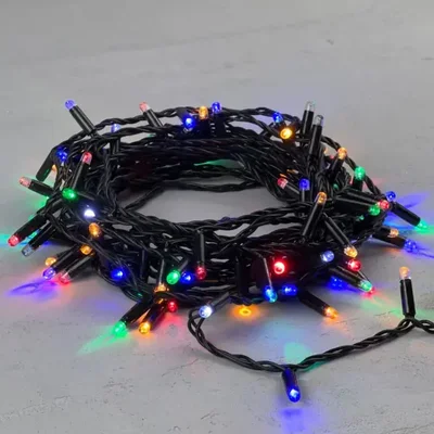 Гирлянда Нить с Колпачком 10м Разноцветная с Мерцанием Белого Диода 220В, 100 LED, Провод Черный ПВХ