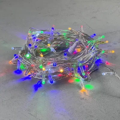 Гирлянда Нить с Колпачком 10м Разноцветная с Мерцанием Белого Диода 220В, 100 LED, Провод Прозрачный