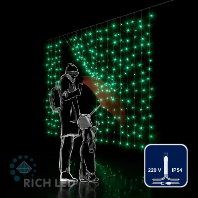 Светодиодная занавеса 300 LED, 16 Ватт, IP54, для улицы и помещения, провод Прозрачный, Свечение: постоянное, RL-CS2*1.5-T/G