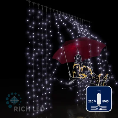 Светодиодный занавес (дождь) Rich LED 2*2 м, влагозащитный колпачок, белый, прозрачный провод, RL-C2*2-CT/W