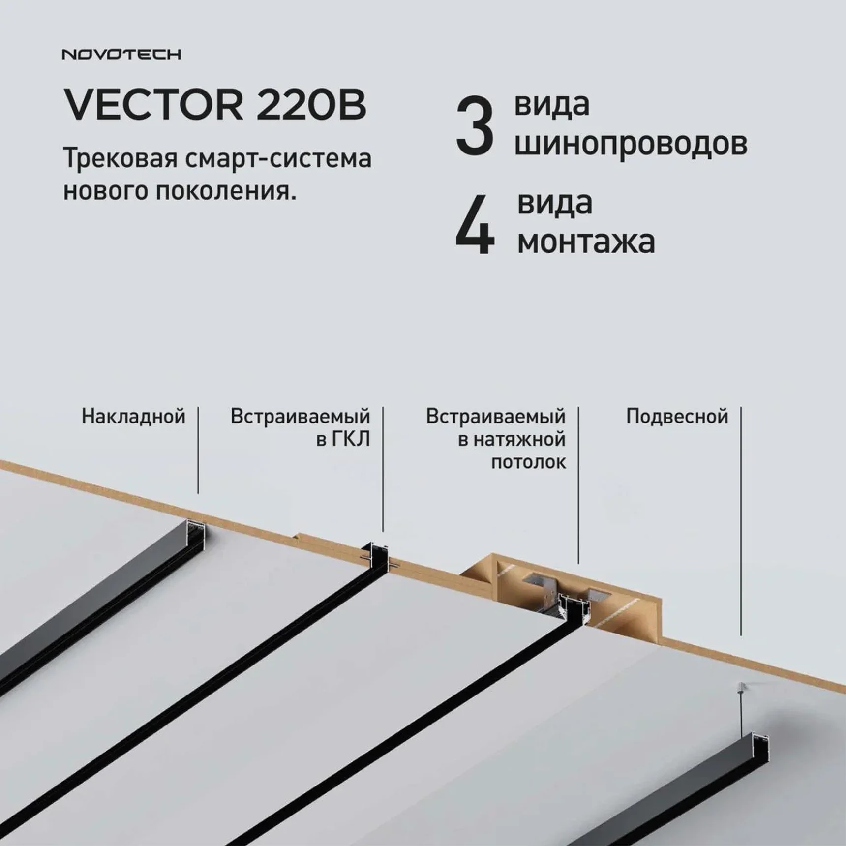 135302 PORT NT25 202 черный Шинопровод для ГКЛ в комплекте заглушки 2шт, крышка и соединит. планка, 2м IP20 90-240V VECTOR