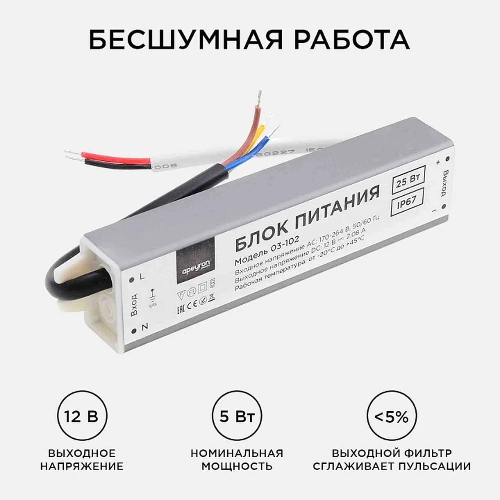03-102 Блок питания 12В, (СТ), 25Вт, импульсный, IP67, 170-264В, 2,08А, алюм., сереб., 140*30*20мм