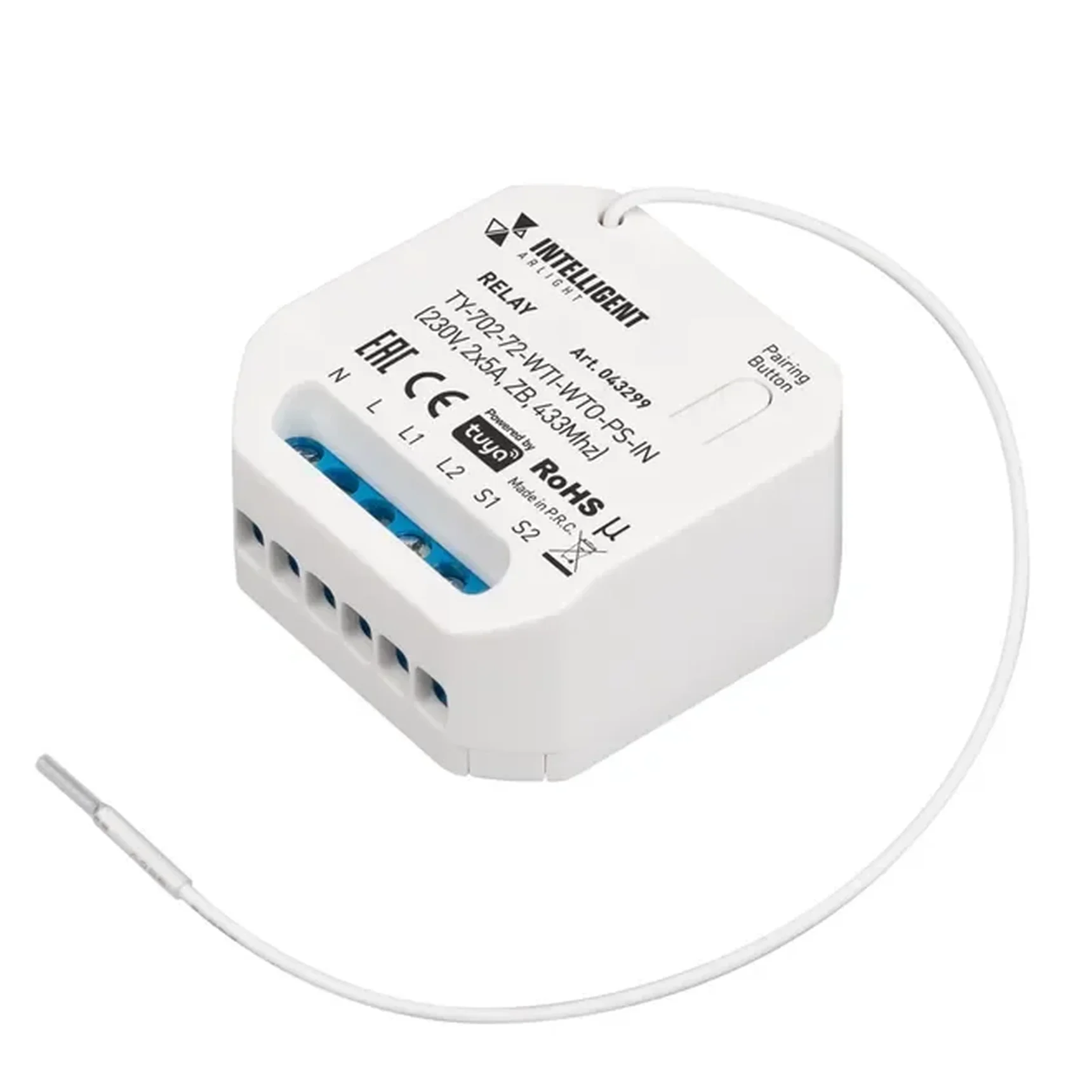 INTELLIGENT ARLIGHT Релейный модуль TY-702-72-WTI-WTO-PS-IN (230V, 2x5A, ZB, 433Mhz) (IARL, IP20 Пластик, 3 года) 043299