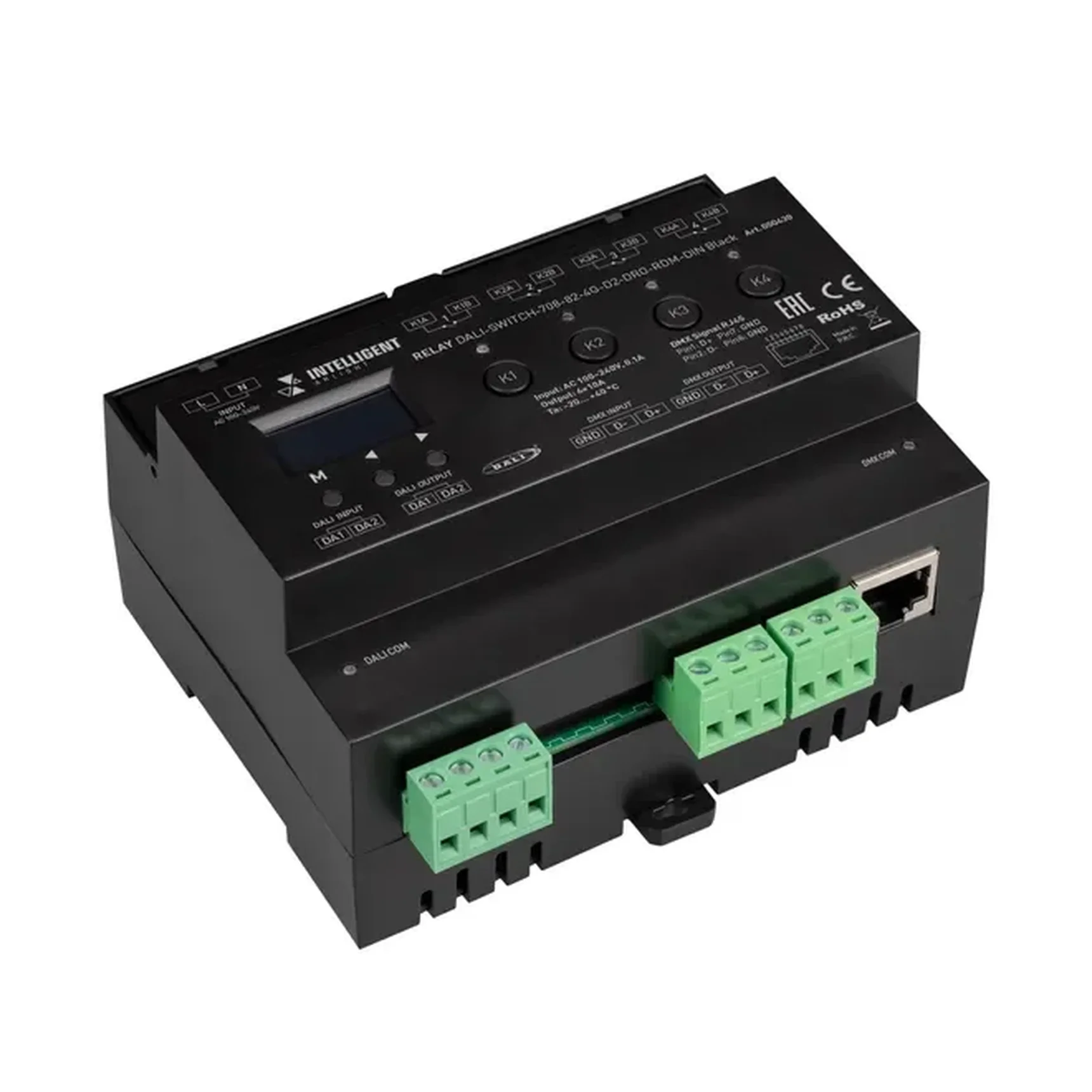 INTELLIGENT ARLIGHT Релейный модуль DALI-SWITCH-708-82-4G-D2-DRO-RDM-DIN Black (230V, 4x10A, DMX512) (IARL, IP20 Пластик, 5 лет) 050430