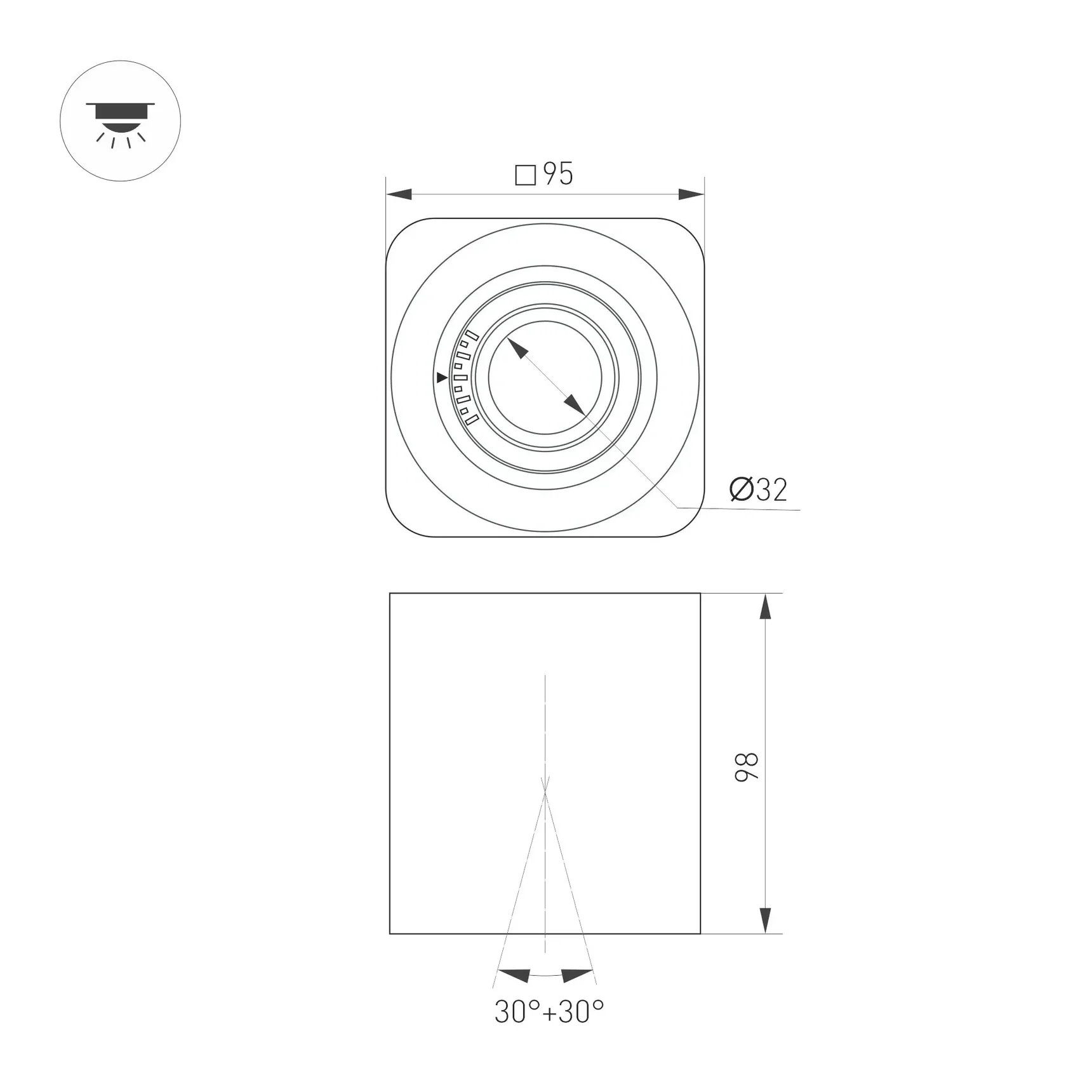 Светильник SP-ACENTO-S95x95-10W Warm3000 (BK, 20-45 deg, 230V) (Arlight, IP20 Металл, 5 лет) 055747