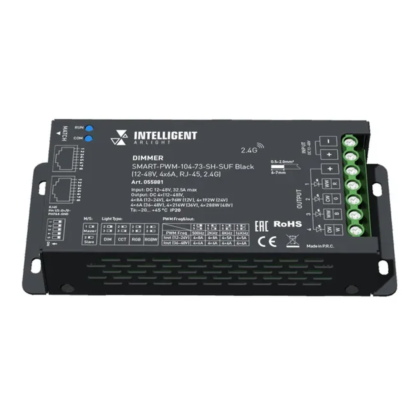 INTELLIGENT ARLIGHT Диммер SMART-PWM-104-73-SH-SUF Black (12-48V, 4x6A, RJ-45, 2.4G) (IARL, IP20 Металл, 5 лет) 055881