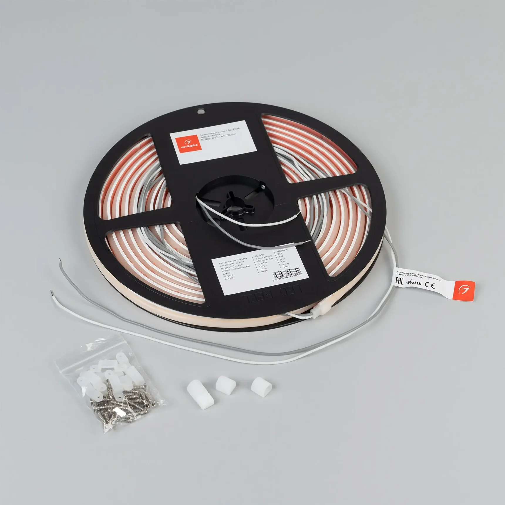 Светодиодная лента герметичная COB-PSW-X480-8mm 24V Warm2400 (6 W/m, IP67, TWP100, 5m) (Arlight, CRI>90) 060454