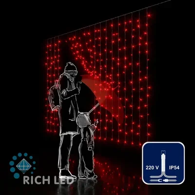 Светодиодная занавеса 300 LED, 16 Ватт, IP54, для улицы и помещения, провод Прозрачный, Свечение: постоянное, RL-CS2*1.5-T/R