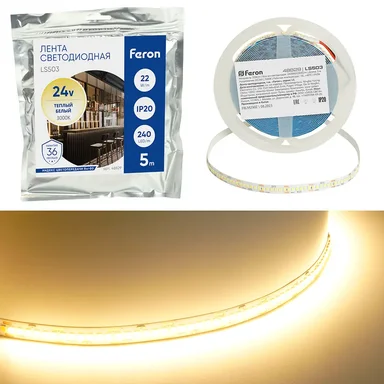 Светодиодная LED лента Feron LS503 240SMD(2835)/м 22Вт/м 24V 5000*10*1.22мм 3000К, IP20, 48829