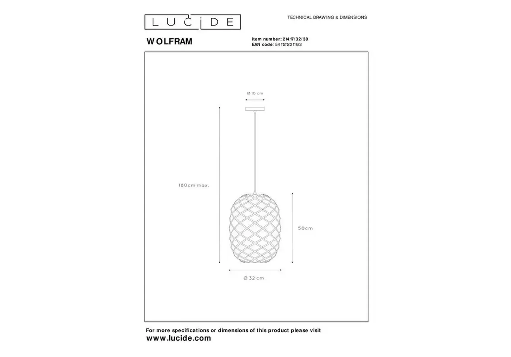 Подвесной светильник Lucide Wolfram 21417/32/30