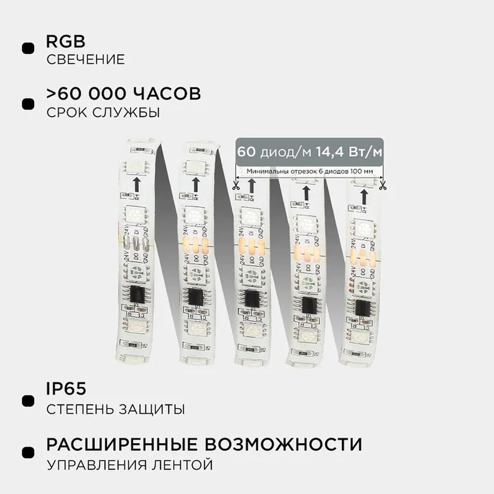 10-100 Комплект адресной светодиодной ленты 24В, 14,4Вт/м, smd5050, 60д/м, IP65, ширина подложки 10мм(белая), 10м, RGB