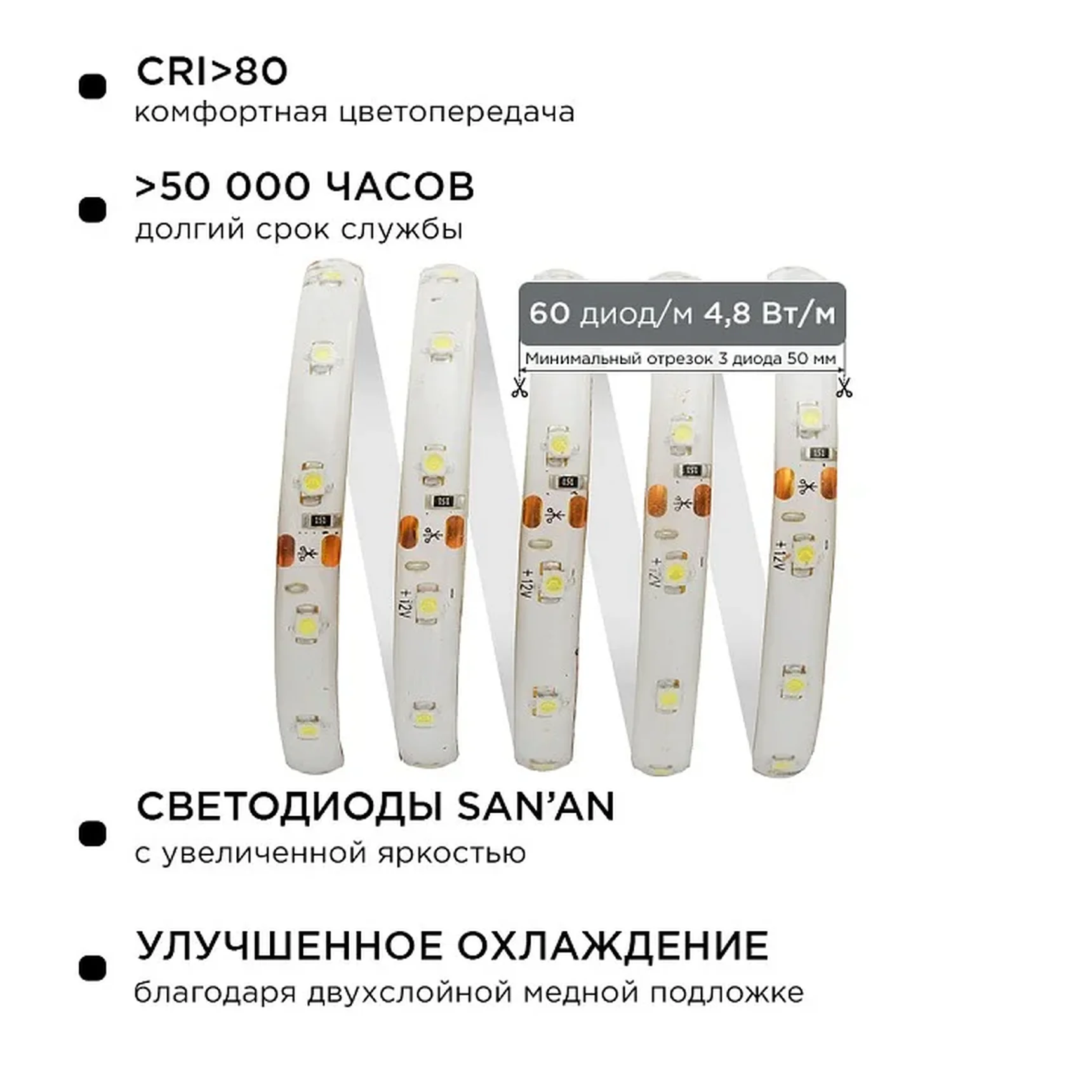 10-20 Комплект светодиодной ленты 12В, 4,8Вт/м, smd3528, 60 д/м, IP65, 2,5м, коннектор, БП