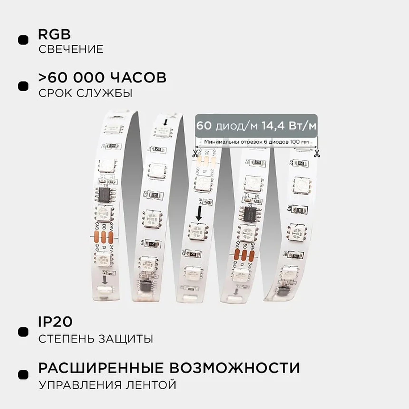 10-91 Комплект адресной светодиодной ленты 24В, 14,4Вт/м, smd5050, 60д/м, IP20, ширина подложки 10мм(белая), 2м, RGB
