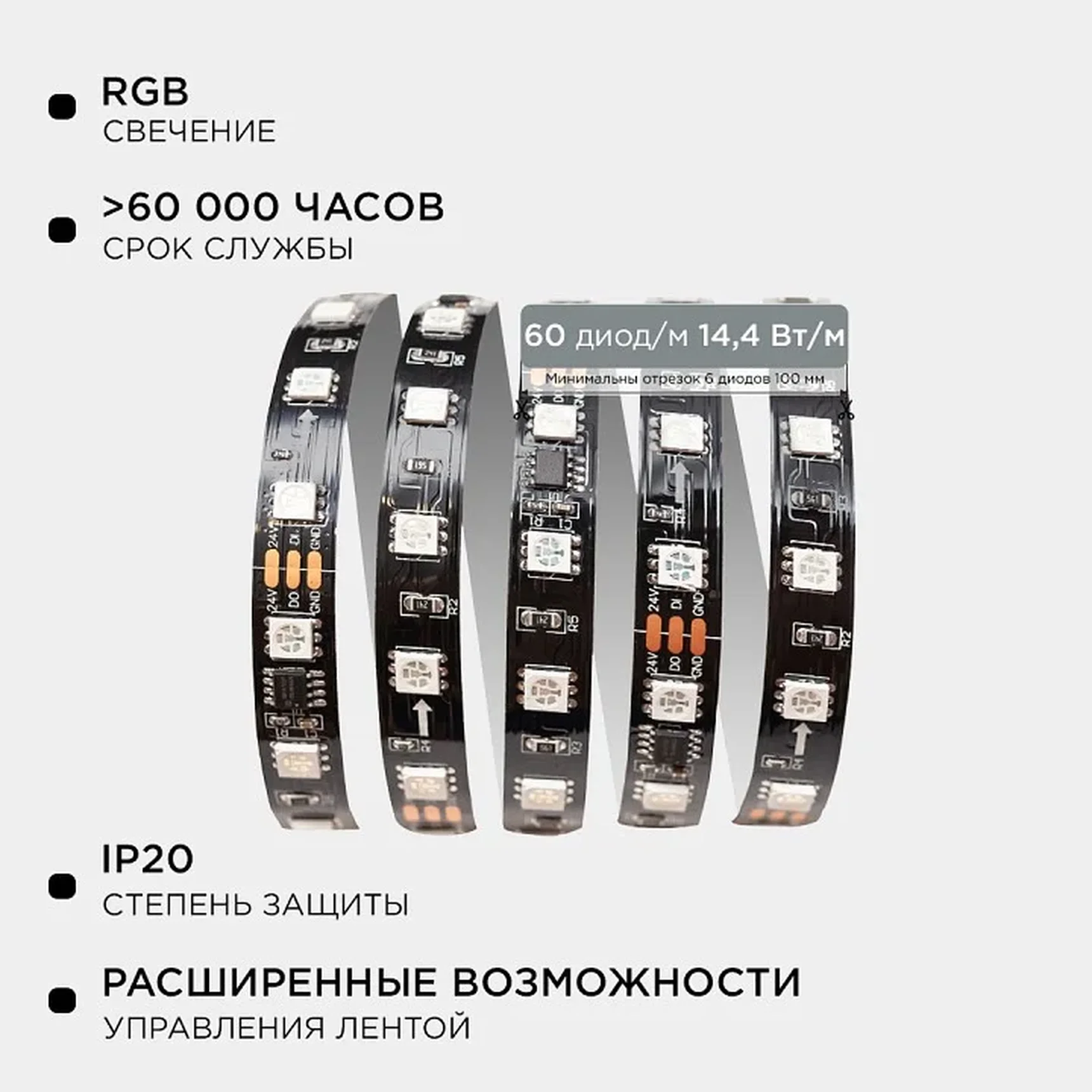 10-92 Комплект адресной светодиодной ленты 24В, 14,4Вт/м, smd5050, 60д/м, IP20, ширина подложки 10мм(черная), 2м, RGB