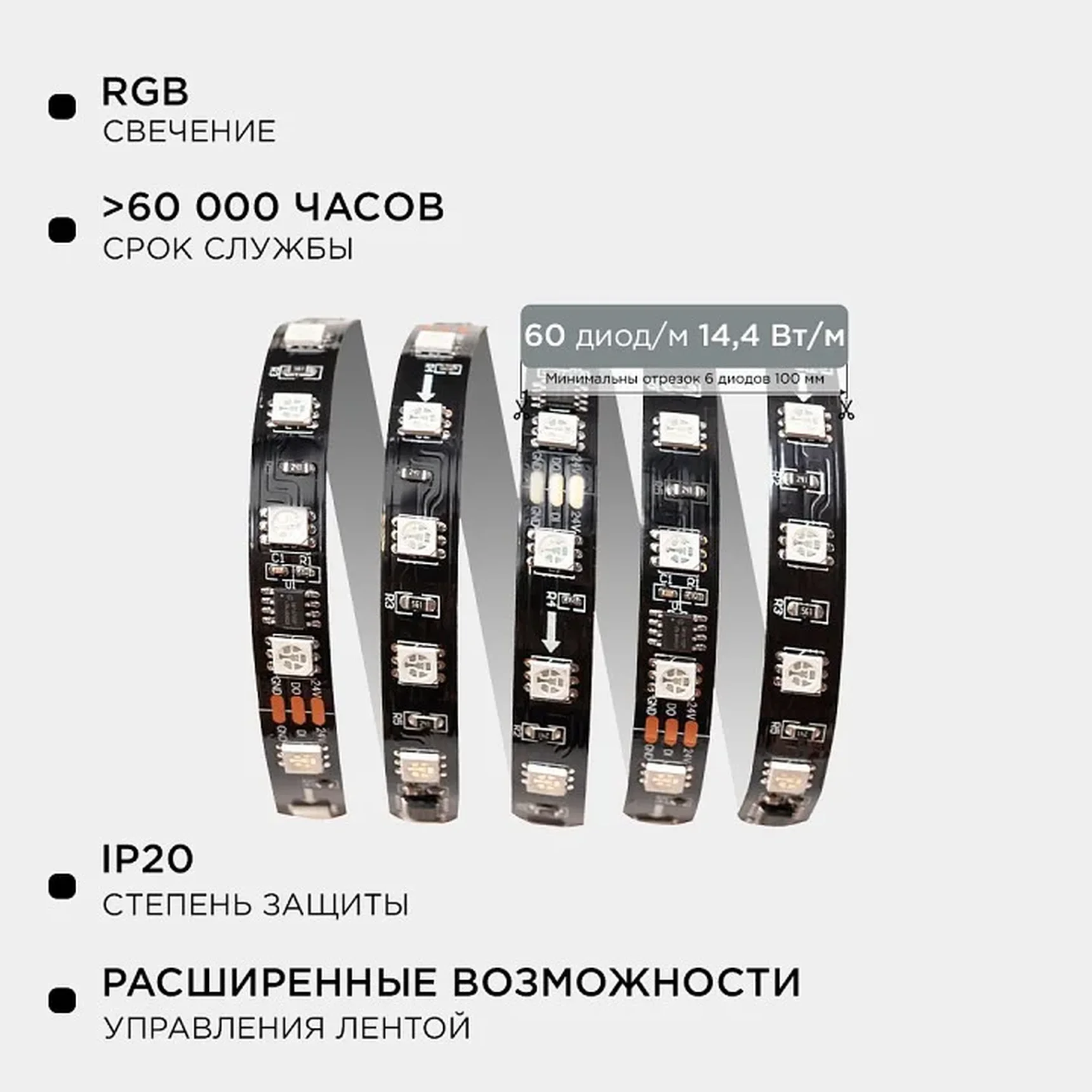 10-94 Комплект адресной светодиодной ленты 24В, 14,4Вт/м, smd5050, 60д/м, IP20, ширина подложки 10мм(черная), 5м, RGB