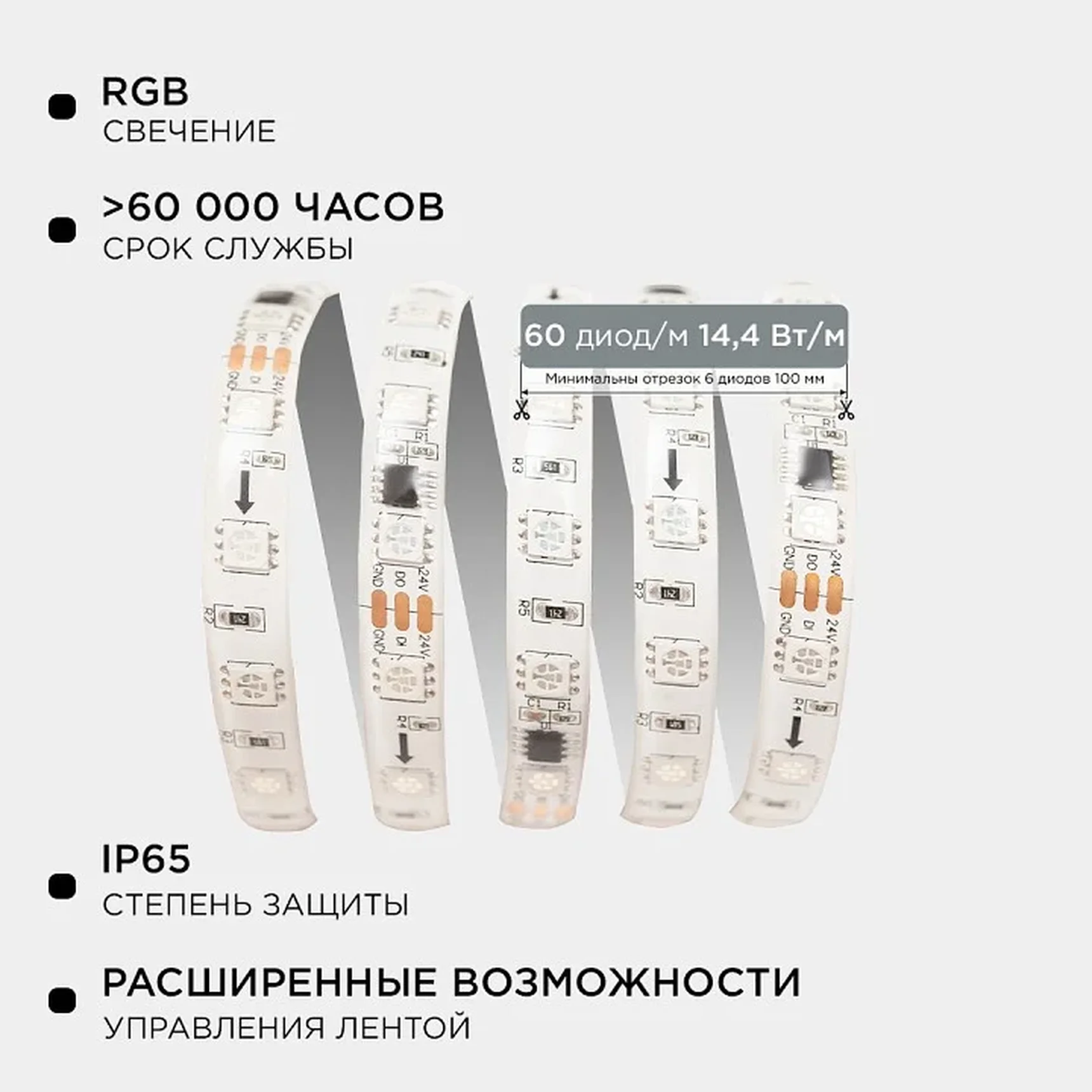 10-95 Комплект адресной светодиодной ленты 24В, 14,4Вт/м, smd5050, 60д/м, IP65, ширина подложки 10мм(белая), 2м, RGB
