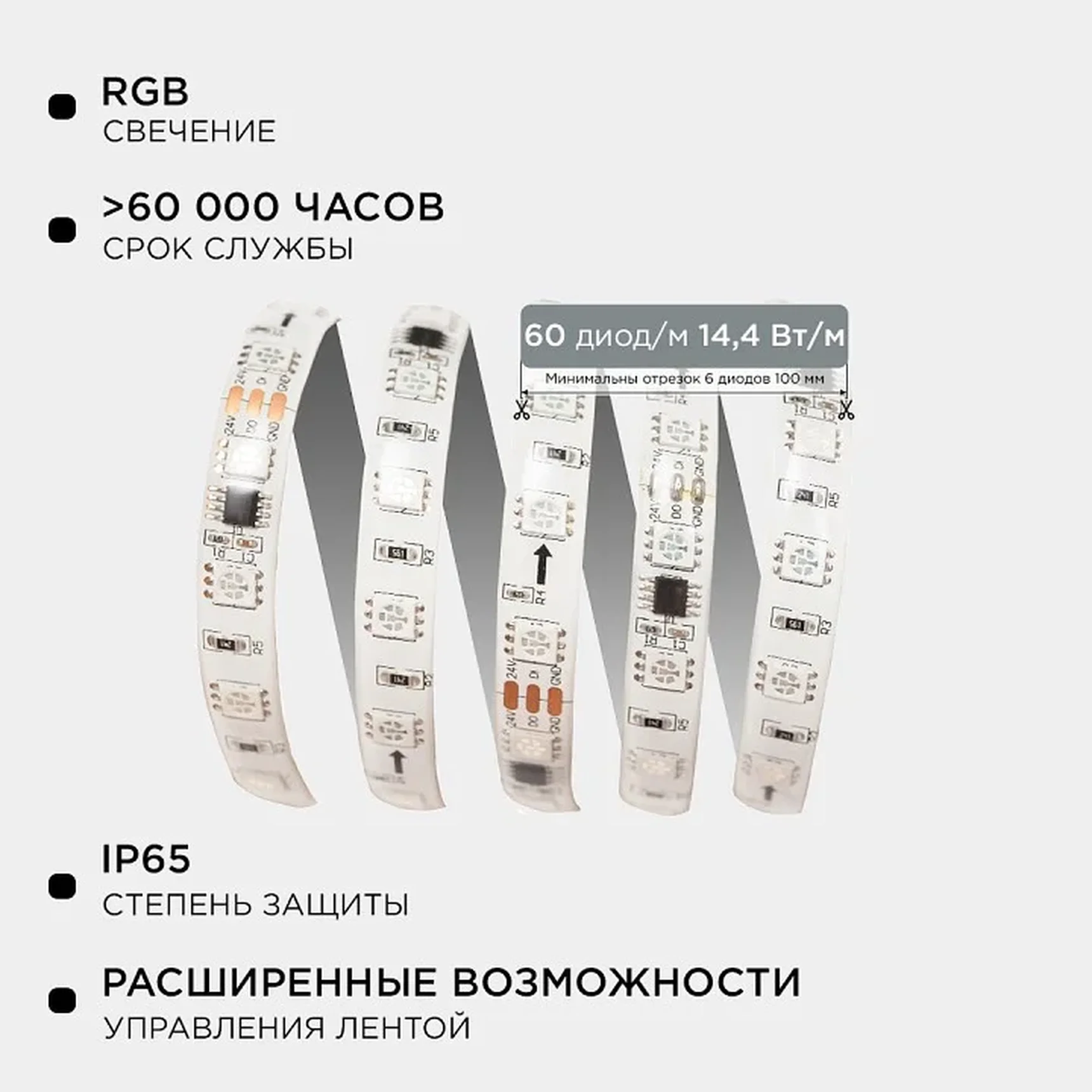 10-96 Комплект адресной светодиодной ленты 24В, 14,4Вт/м, smd5050, 60д/м, IP65, ширина подложки 10мм(белая), 5м, RGB