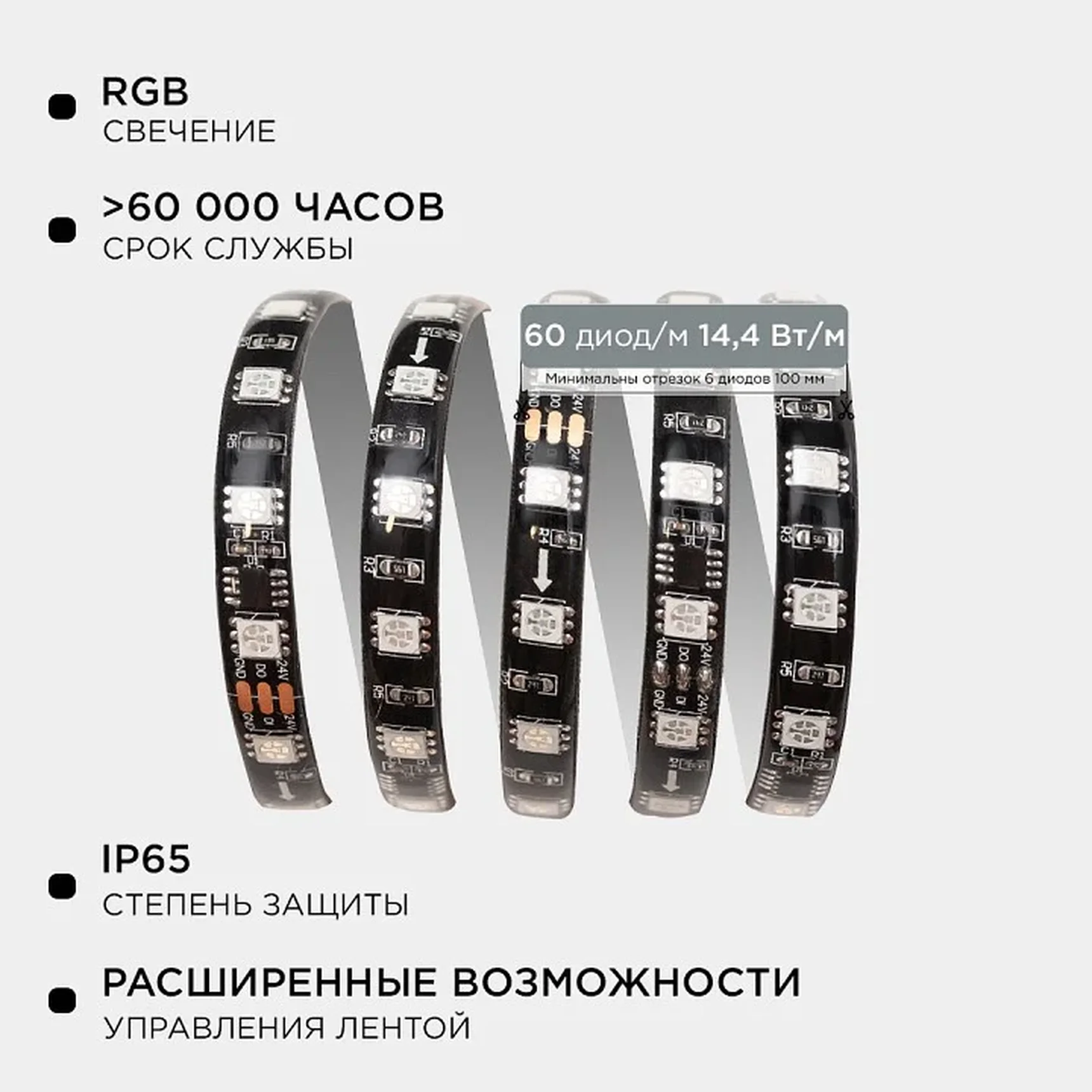 10-97 Комплект адресной светодиодной ленты 24В, 14,4Вт/м, smd5050, 60д/м, IP65, ширина подложки 10мм(черная), 2м, RGB