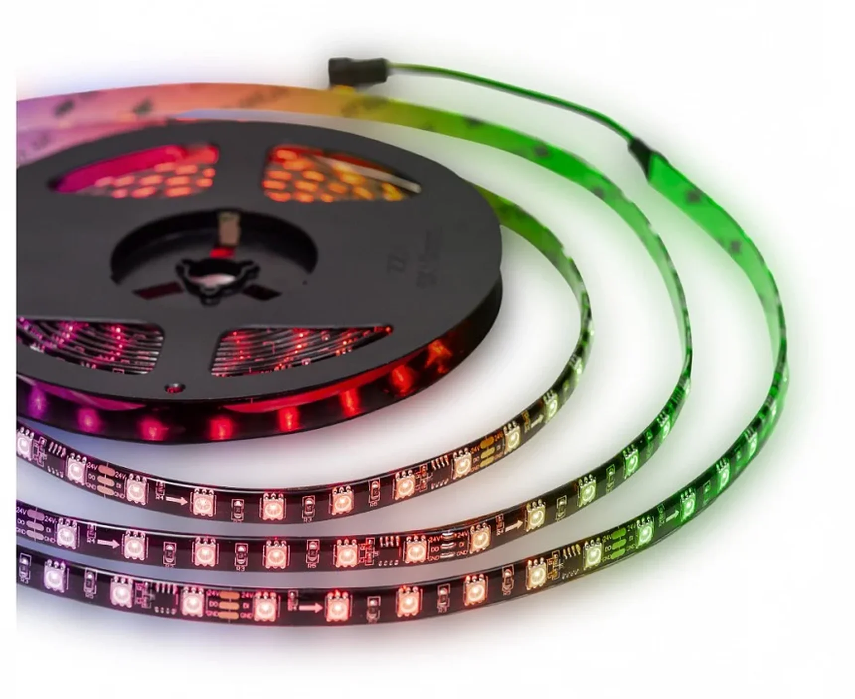 10-98 Комплект адресной светодиодной ленты 24В, 14,4Вт/м, smd5050, 60д/м, IP65, ширина подложки 10мм(черная), 5м, RGB