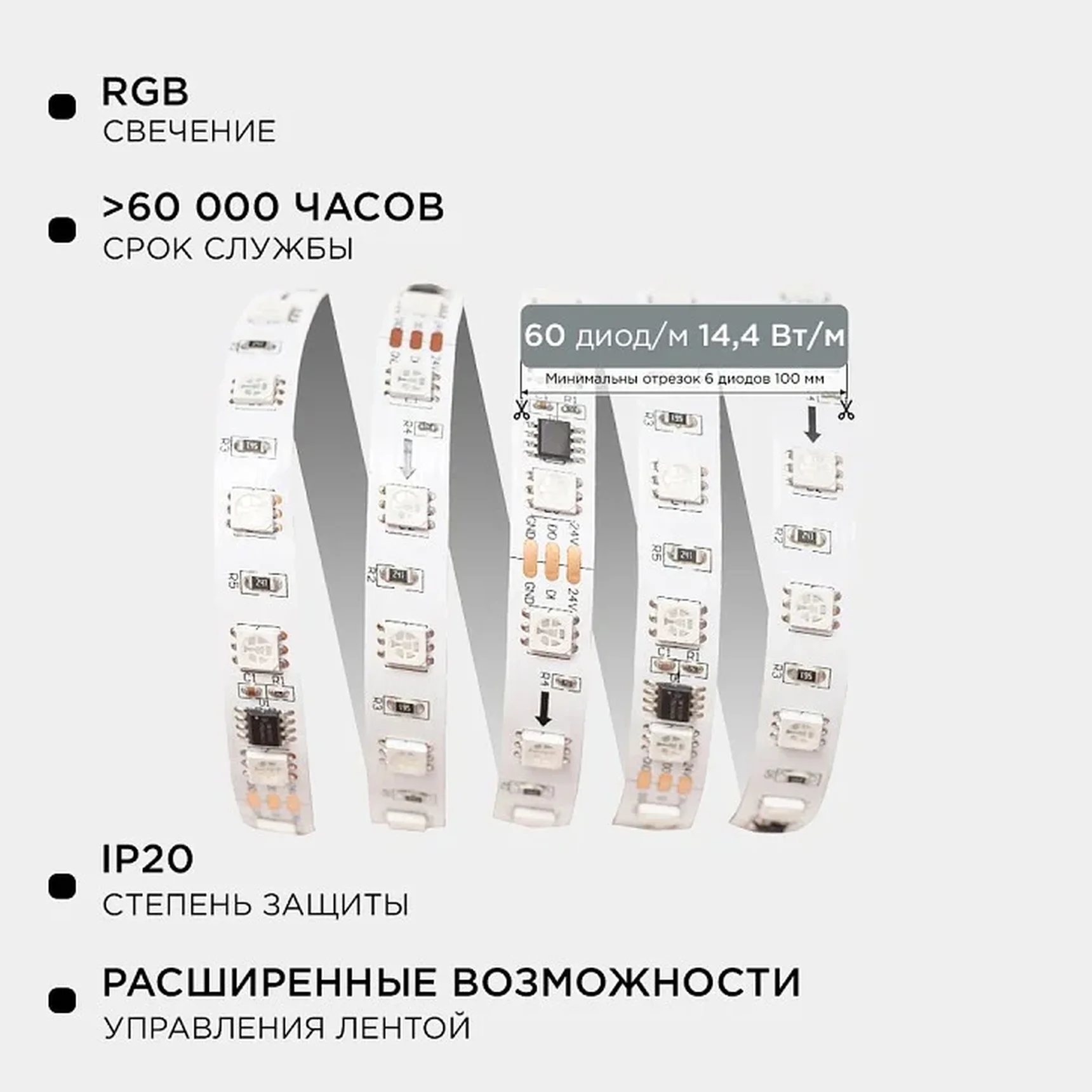 10-99 Комплект адресной светодиодной ленты 24В, 14,4Вт/м, smd5050, 60д/м, IP20, ширина подложки 10мм(белая), 10м, RGB