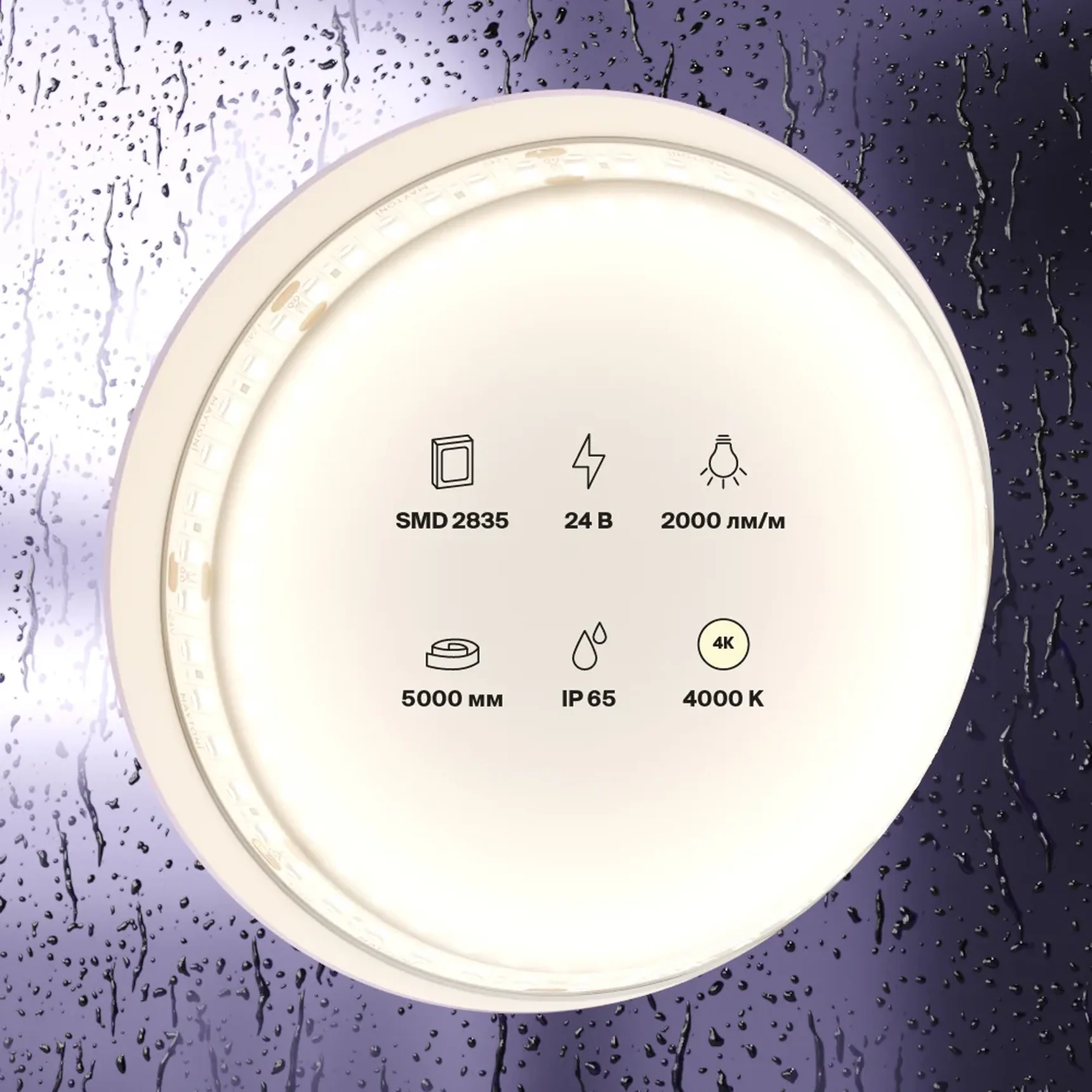 Светодиодная лента 24В 2835 20Вт/м 4000K 5м IP65, 10158