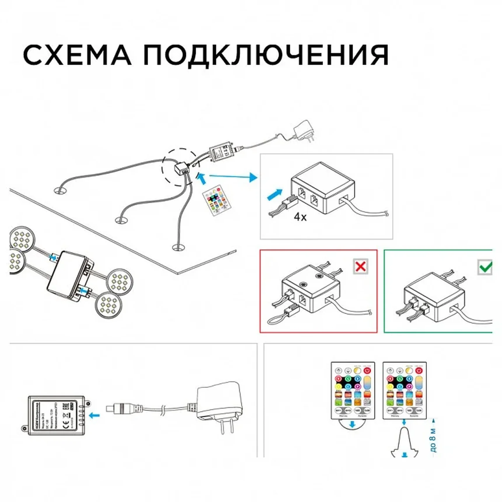 12-04 Комплект светодиодных светильников круглых накладных 12 В, 2,7 Вт*4 шт., smd 5050, RGBW