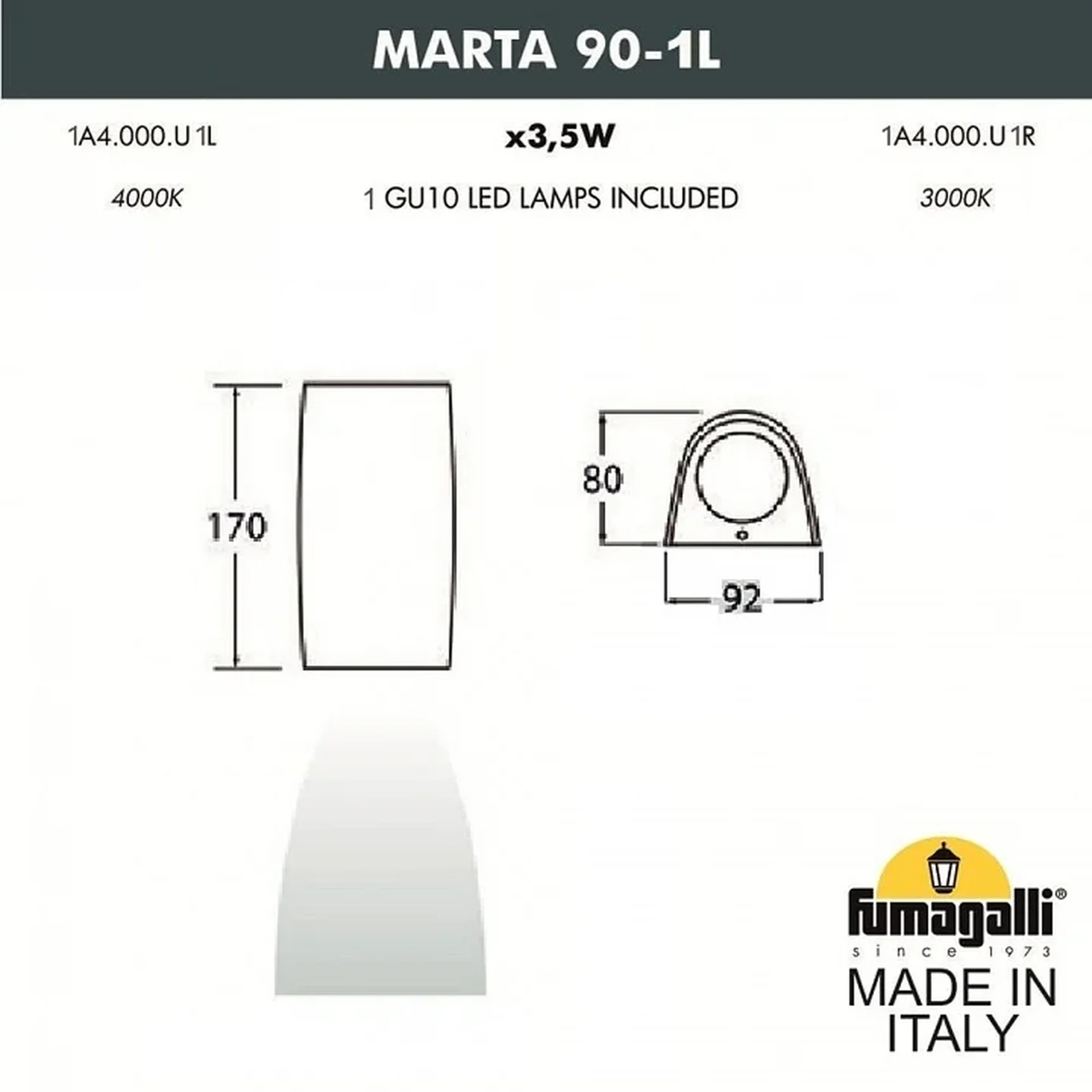 MARTA 90 1L Светильник черный, 1XGU10 LED с лампой 400Lm, 4000К