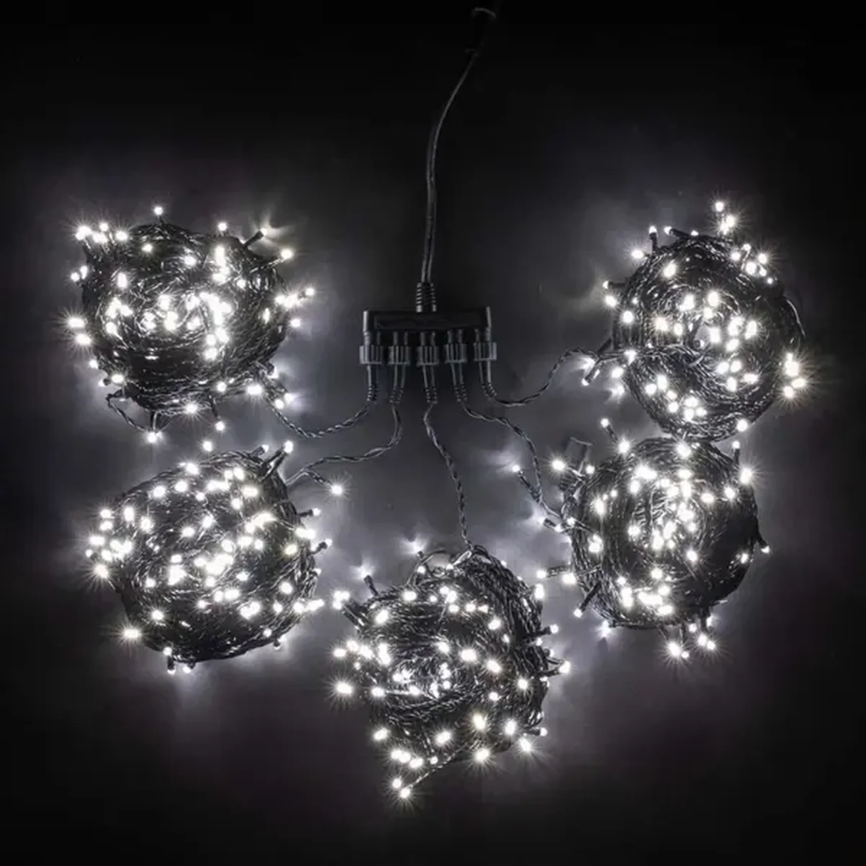 Комплект 5 Белых Нитей по 20м с Мерцанием, 1000 LED, Провод Черный ПВХ, IP54