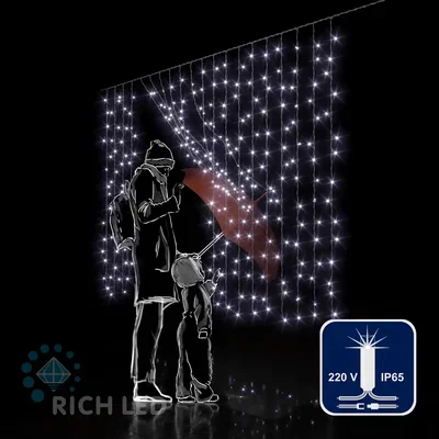 Светодиодный занавес Rich LED 2*1.5 м облегченный, влагозащитный колпачок, мерцание, белый, прозрачный провод, RL-CS2*1.5F-CT/W