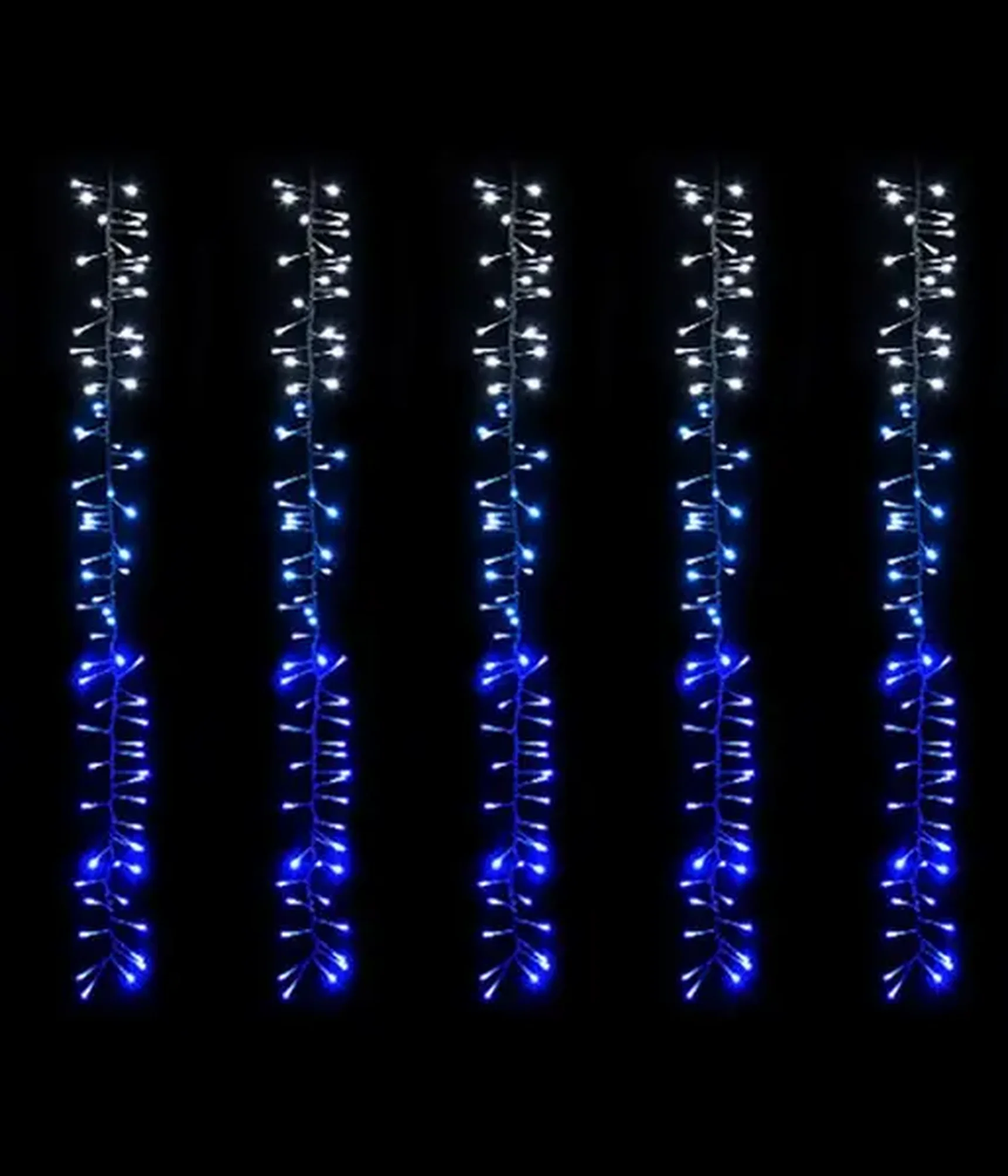 Гирлянда Бахрома с Эффектом Бегущий Огонь 2 x 1 м Бело-Синяя 24В, 320 LED, Провод Прозрачный Силикон, IP65