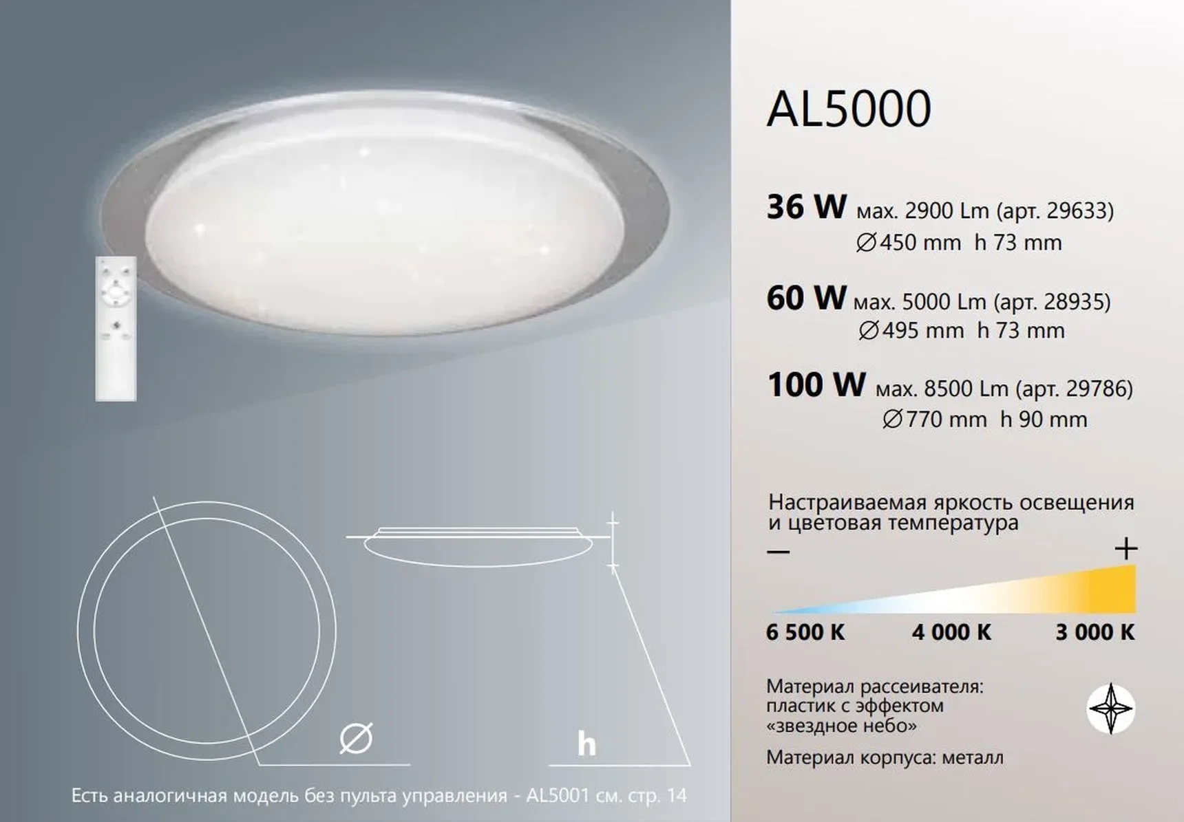 Светодиодный управляемый светильник накладной Feron AL5000 STARLIGHT тарелка 36W 3000К-6500K белый с кантом