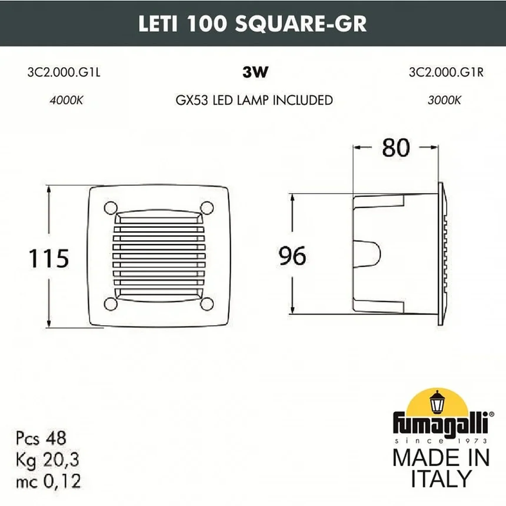 Светильник для подсветки лестниц встраиваемый FUMAGALLI LETI 100 Square-GR 3C2.000.000.LYG1L