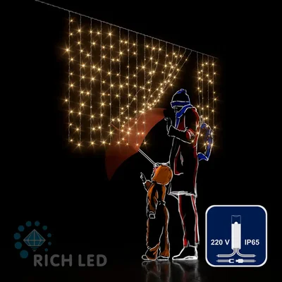Светодиодный занавес (дождь) Rich LED 2*1 м облегченный, влагозащитный колпачок, тепло белый, прозрачный провод, RL-CS2*1-CT/WW