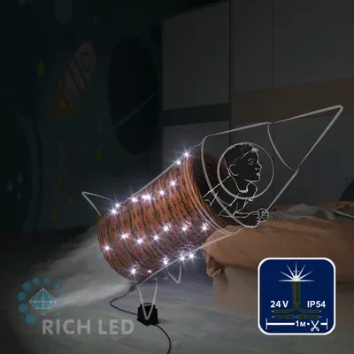 Светодиодная гирлянда Rich LED 100 м в бобине, 500 LED, 24 В, белая, полный флэш, черн/зел провод, резка 5 LED, RL-S100FF-24V-BG/W