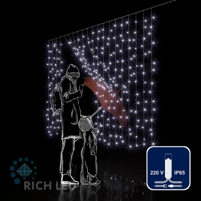 Светодиодный занавес (дождь) Rich LED 2*1.5 м облегченный, влагозащитный колпачок, белый, прозрачный провод, RL-CS2*1.5-CT/W