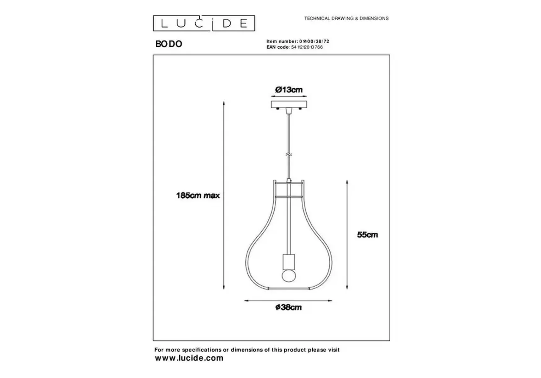 Подвесной светильник Lucide Bodo 01400/38/72