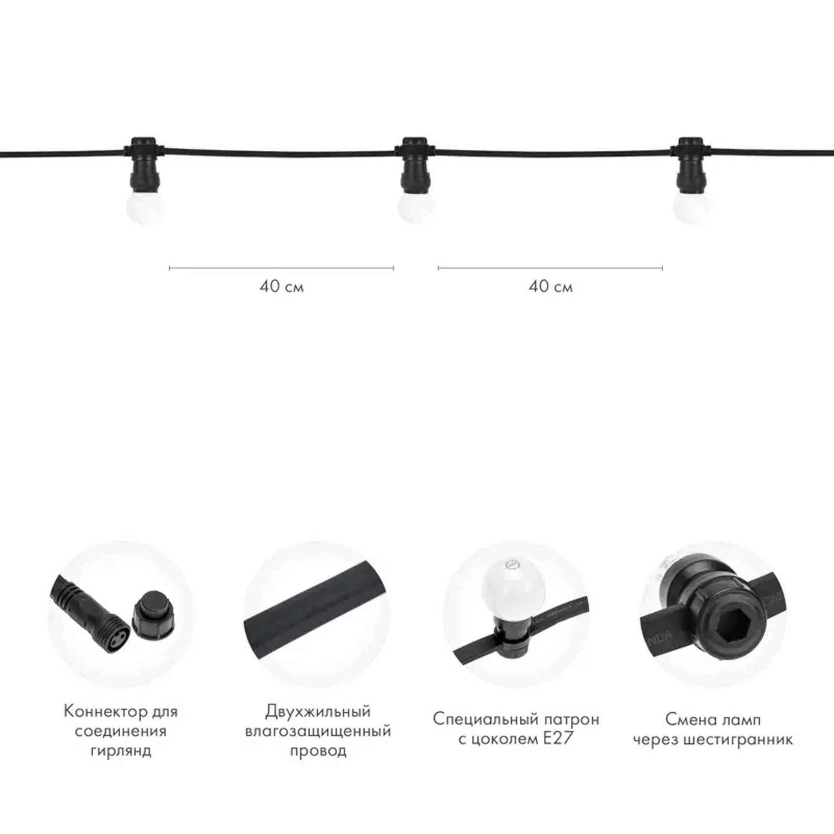 Готовый набор: Евро Belt Light 2 жилы шаг 40 см, Теплые Белые LED лампы (6 LED)