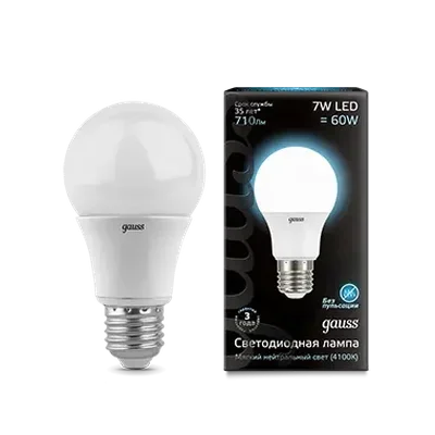 Лампа Gauss A60 7W 710lm 4100K E27 LED 1/10/51