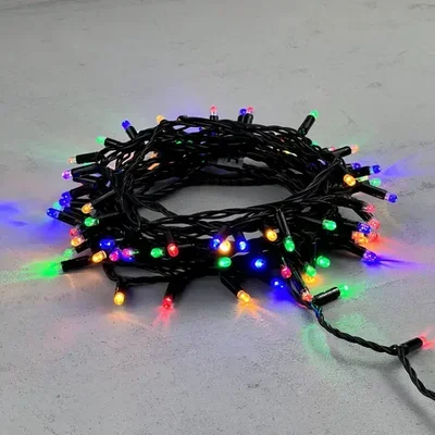 Гирлянда Нить с Колпачком 10м Разноцветная 220В, 100 LED, Провод Черный ПВХ, IP65