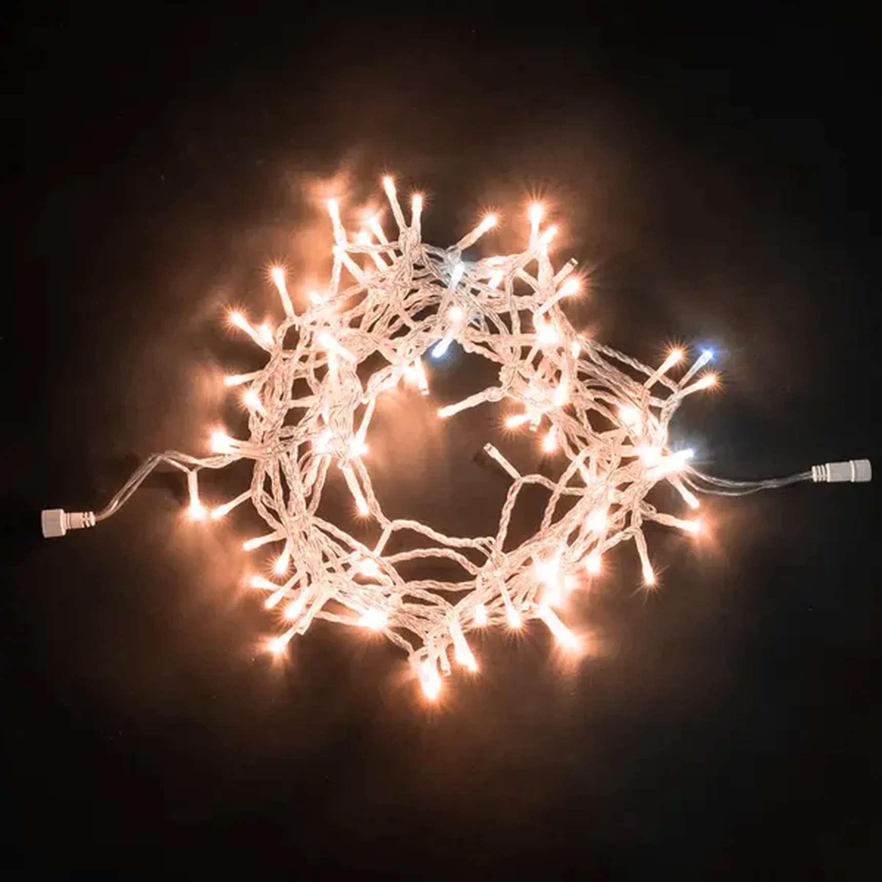 Гирлянда Нить 10м Экстра Тепло-Белая с Мерцанием Белого Диода 24В, 100 LED, Провод Прозрачный ПВХ, IP54