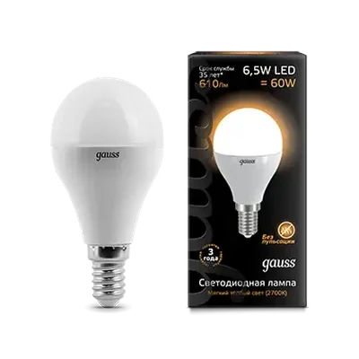 Лампа Gauss Шар 6.5W 520lm 3000K E14 LED 1/10/101