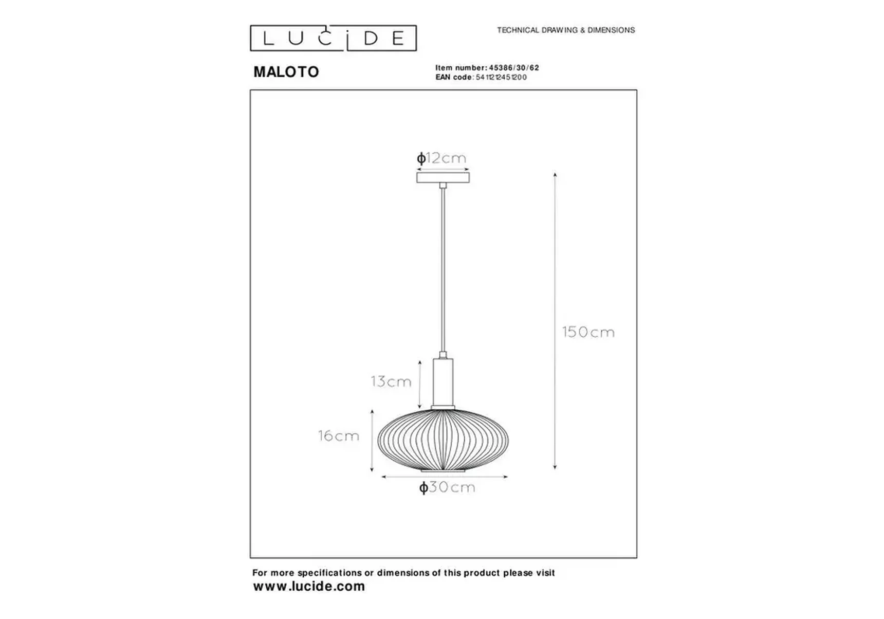 Подвесной светильник Lucide Maloto 45386/30/62