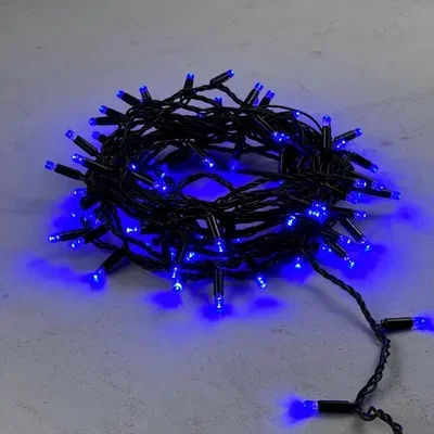 Гирлянда Нить с Колпачком 10м Синяя 220В, 100 LED, Провод Черный ПВХ, IP65