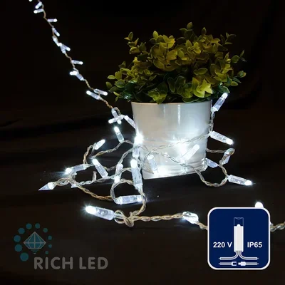 Светодиодная гирлянда Rich LED 7 м, 72 LED, 220 В, не соединяемая, влагозащитный колпачок, белая, прозрачный провод, RL-S7N-72L-220V-CT/W